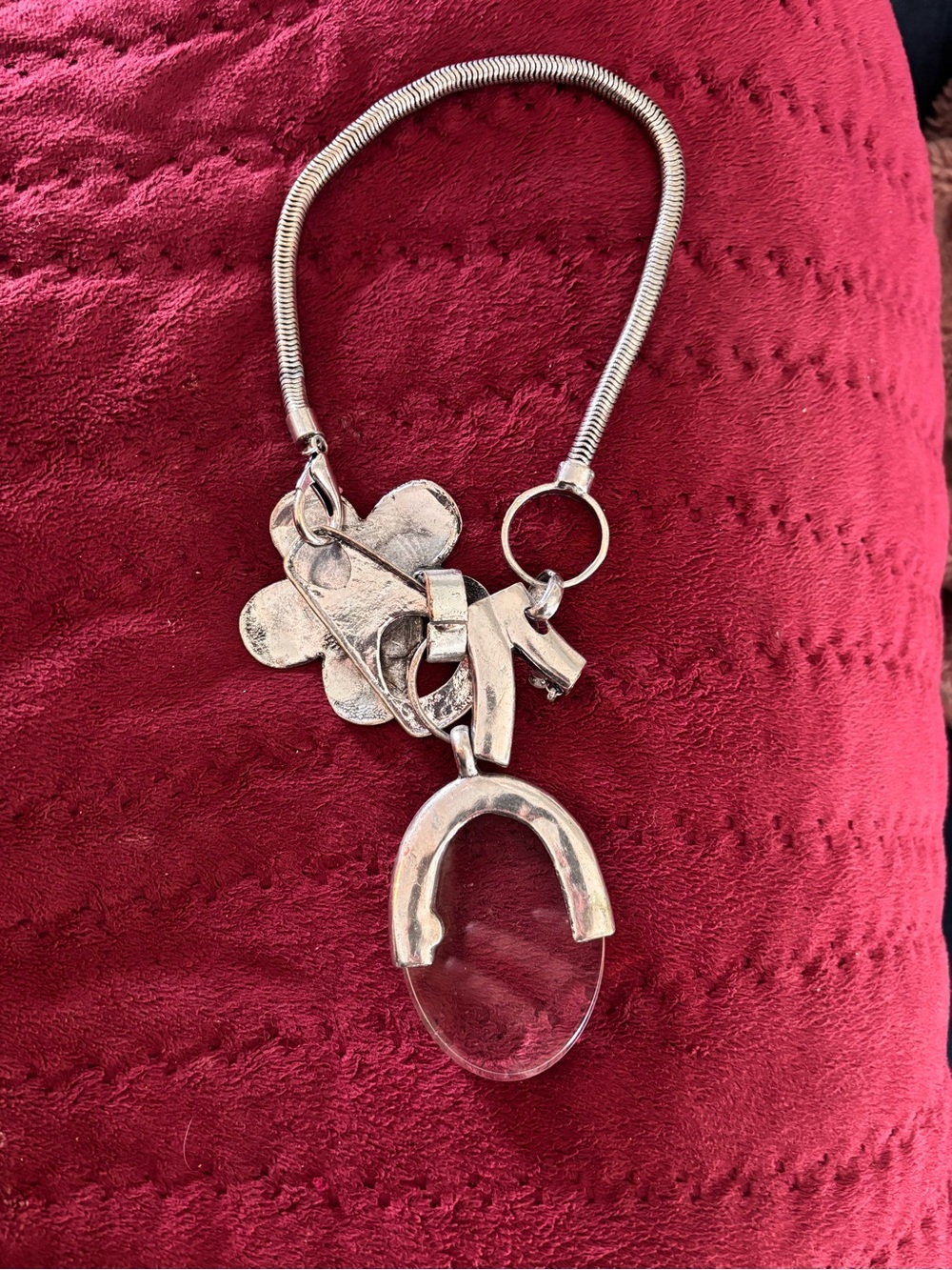 Silver Statement Necklace with Clear Oval Stone